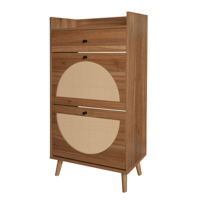 Allen - Rattan 2 Door 1 Drawer Cabinet Shoe Rack For Entrance, Double Layer - Walnut