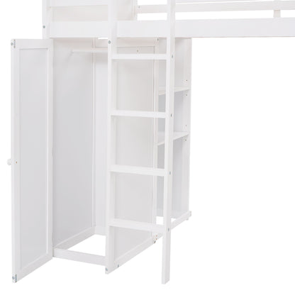 Twin Size Loft Bed With A Stand Alone Bed, Shelves, Desk, And Wardrobe - White