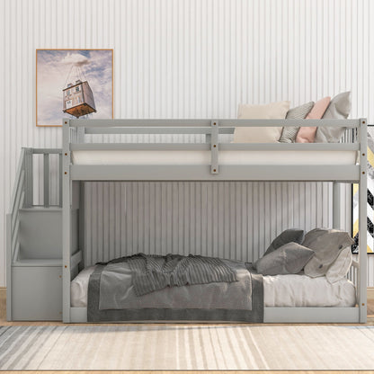 Twin Over Twin Floor Bunk Bed, Ladder With Storage - Gray