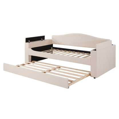Twin Size Upholstered Daybed With Storage Armrests, Trundle And Latest Integrated Bluetooth Audio System - Beige