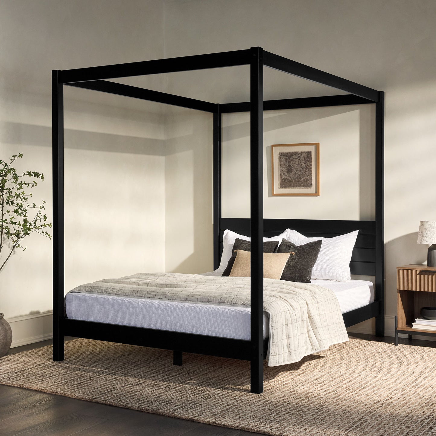 Queen Canopy Bed Frame Modern Minimalist Boho - Black