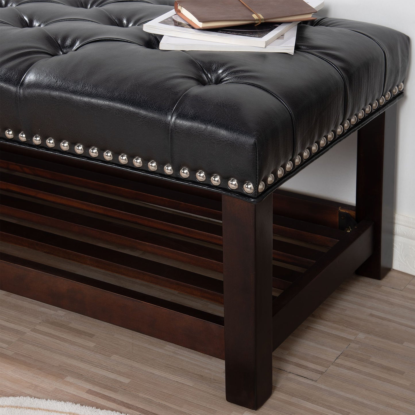 Wooden Base Upholstered Bench For Bedroom For Entryway - Black