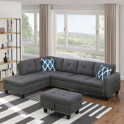 Alger - 98" Wide Left Hand Facing Sofa & Chaise With Ottoman - Dark Gray