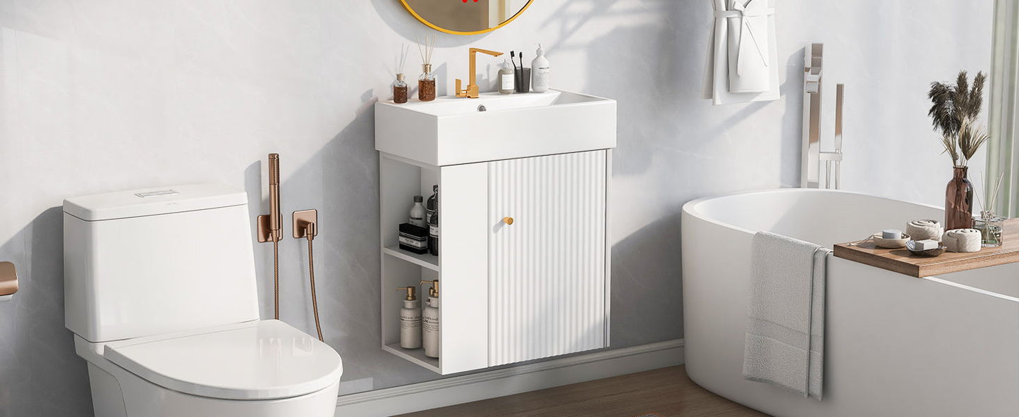 Modern Floating Bathroom Vanity With Ceramic Basin Perfect For Small Bathrooms, Left Side Storage - White