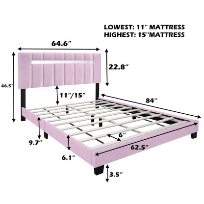 Velvet Upholstered Bed Frame With Adjustable Features, Teenage Girl's Favorite Collection - Pink