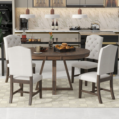 5 Piece Retro Functional Dining Set, Round Table With Leaf And 4 Upholstered Chairs For Dining Room And Living Room - Walnut