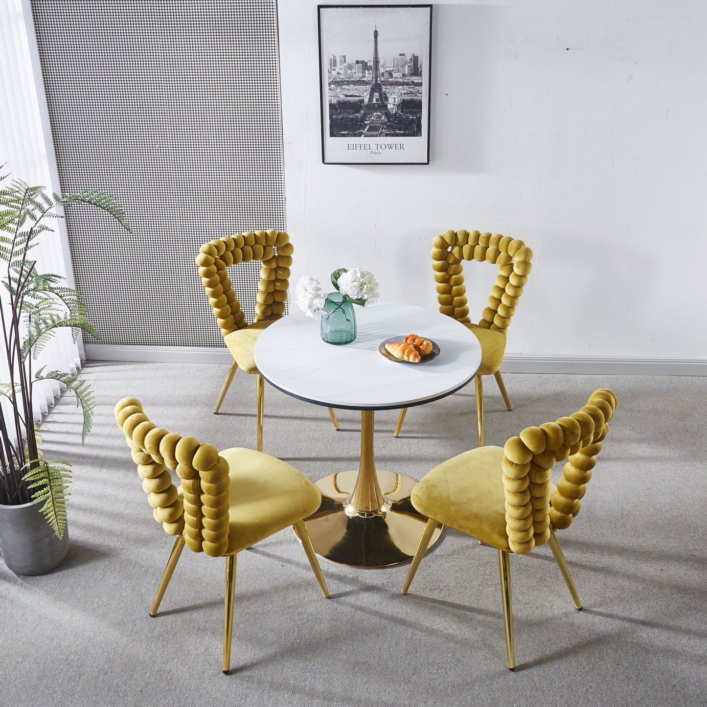 Modern Chair With Iron Tube Legs, Soft Cushions And Comfortable Backrest, Suitable For Dining Room, Living Room, Cafe, Hairball Back (Set of 4) - Yellow / Gold