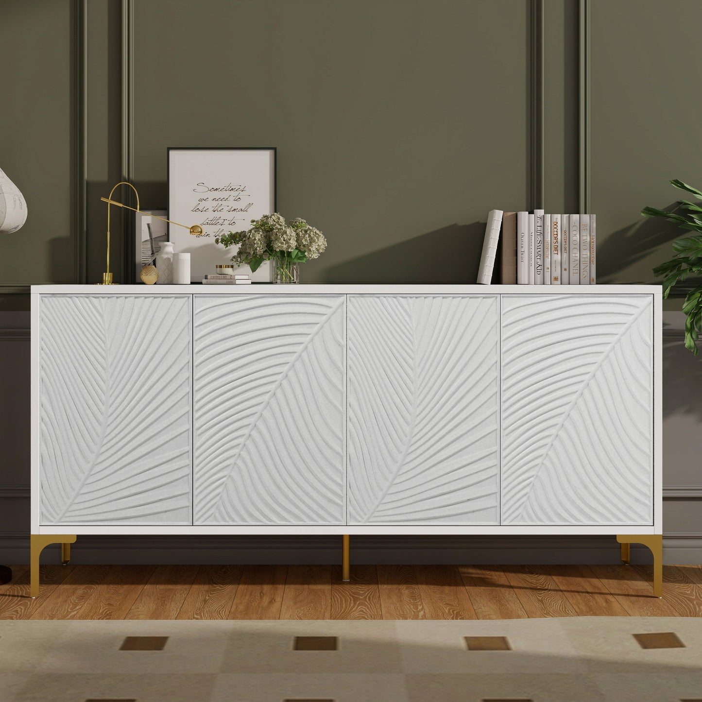 Multi Functional Storage Cabinet, 4 Door Sideboard With Unique Texture, Adjustable Shelves - White