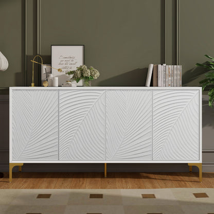 Multi Functional Storage Cabinet, 4 Door Sideboard With Unique Texture, Adjustable Shelves - White