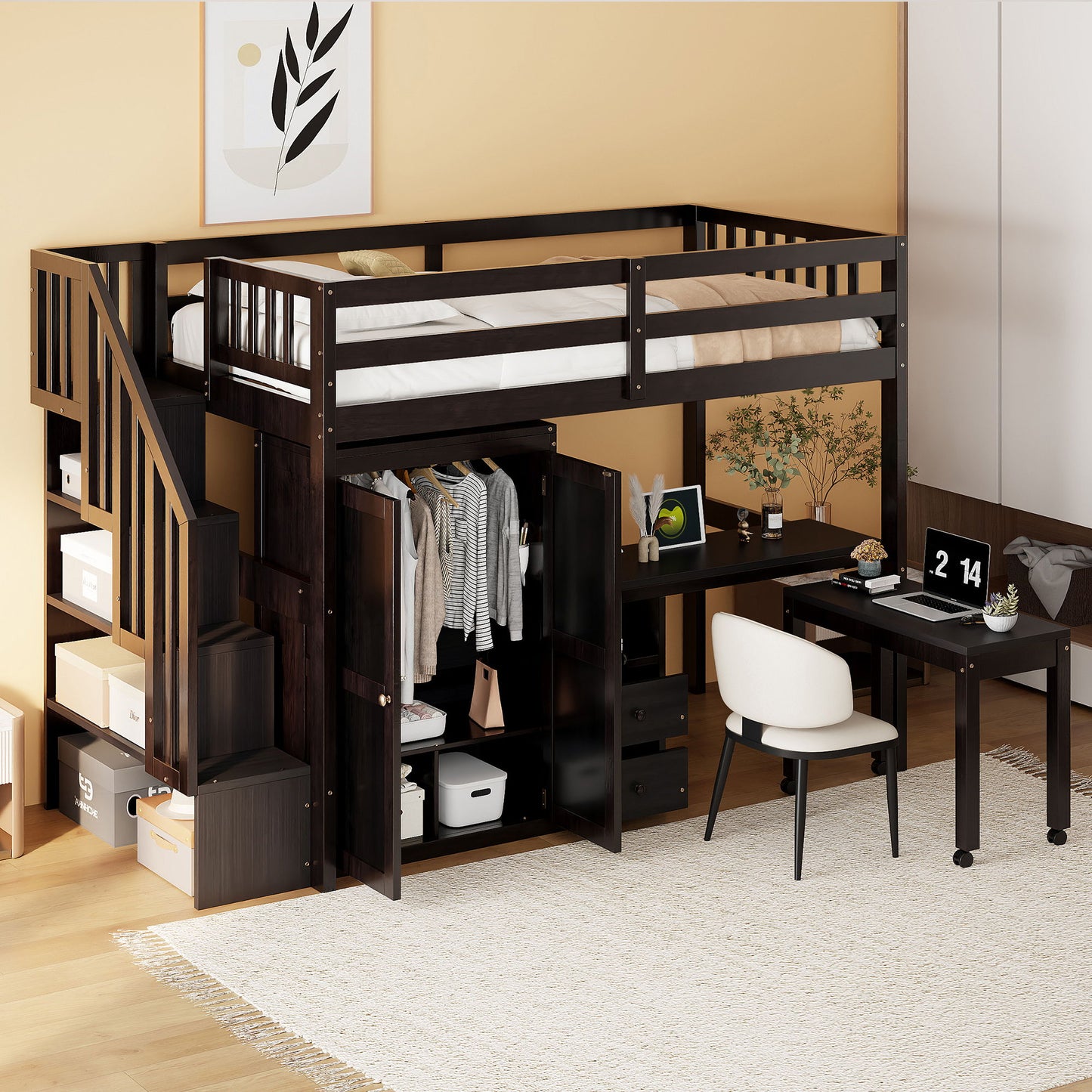 Twin Size Loft Bed With Stairs, Bookshelf, Drawers, Desk & Wardrobe, Space Saving Multifunctional Furniture - Espresso