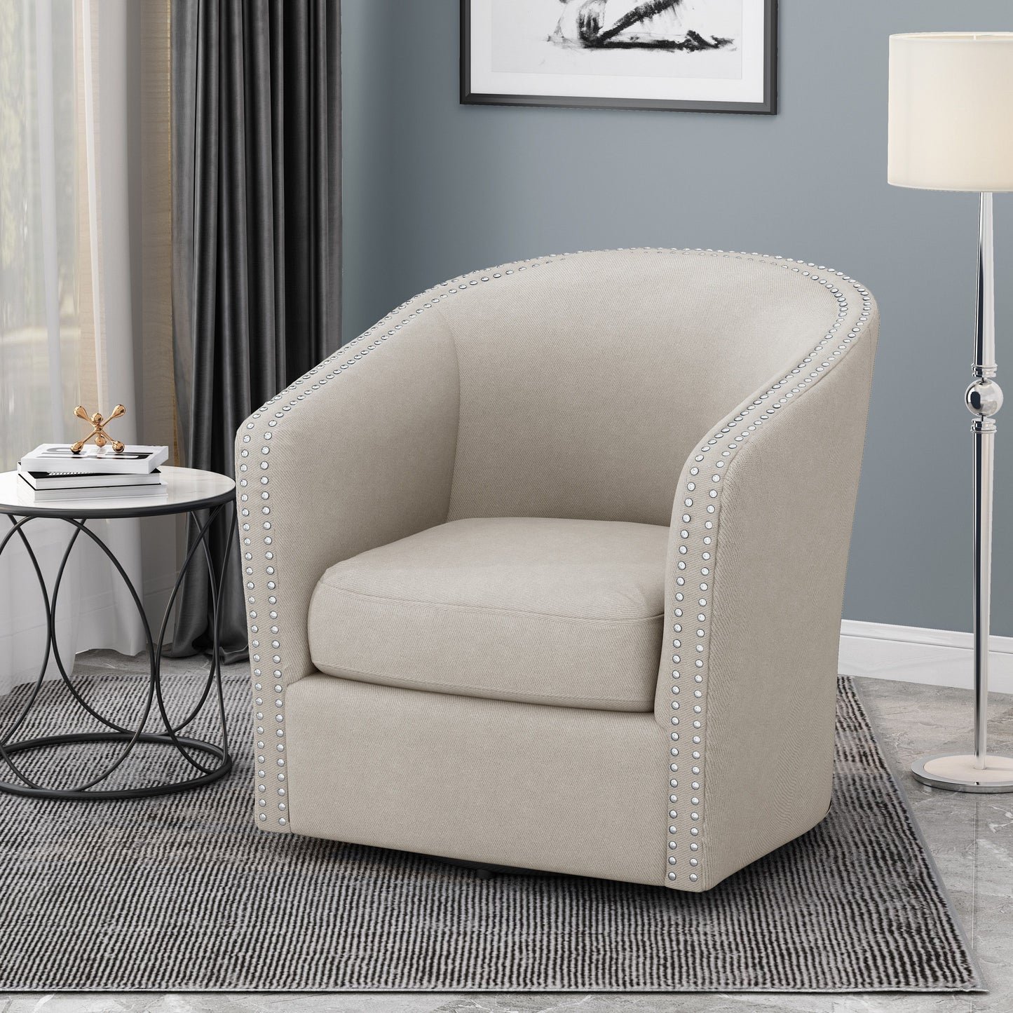Riverbed - Upholstered Swivel Chair With Nailhead Trim And Sloped Arms - Wheat