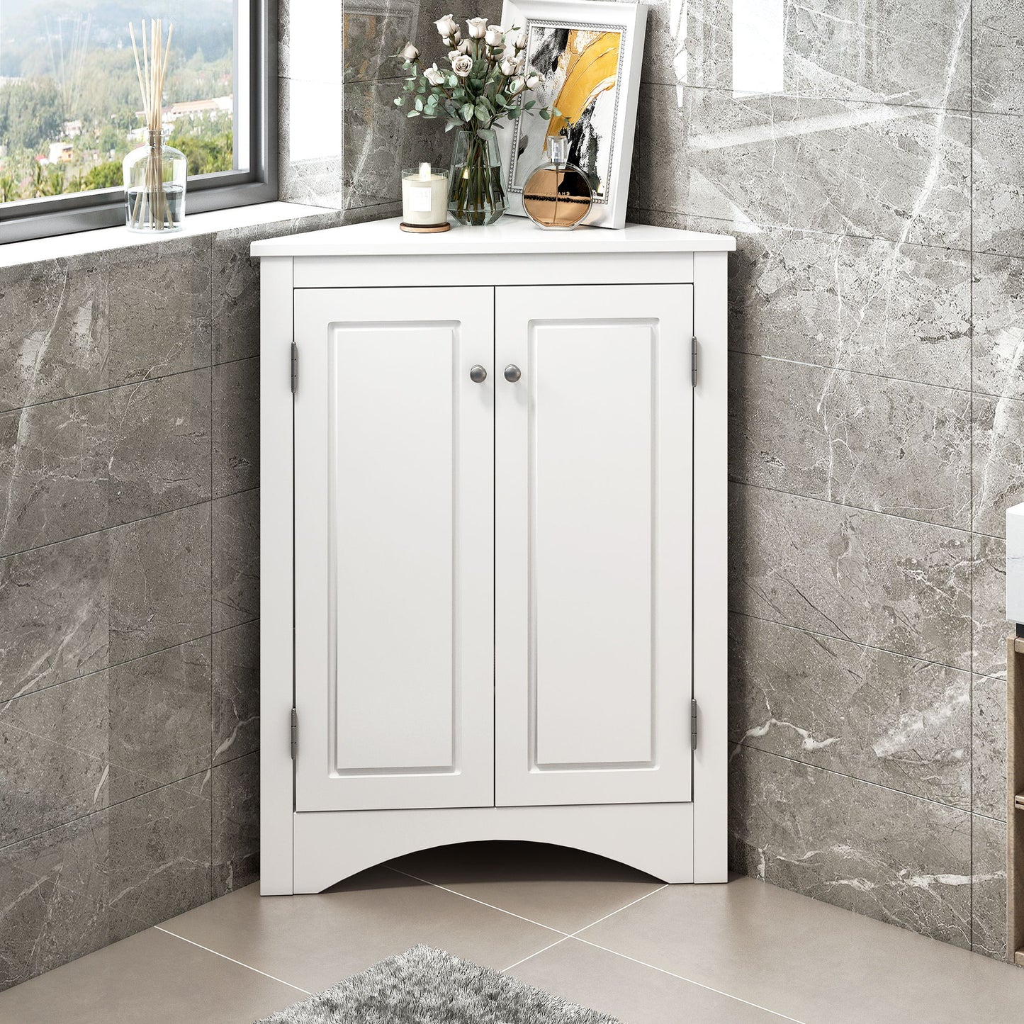 Triangle Bathroom Storage Cabinet With Adjustable Shelves, Freestanding Floor Cabinet For Home Kitchen - White