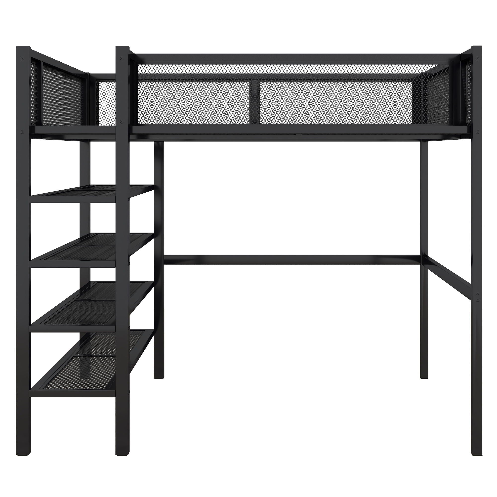 Full Size Loft Bed With 4 Tier Shelves And Storage - Black