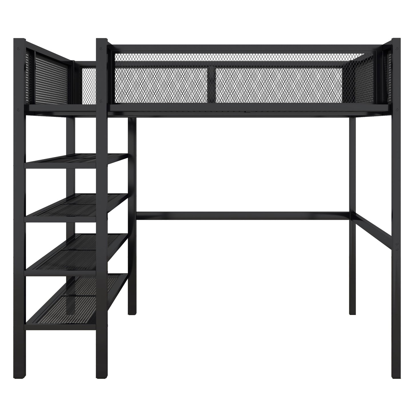 Full Size Loft Bed With 4 Tier Shelves And Storage - Black