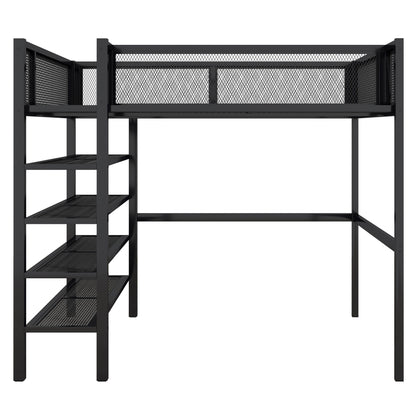Full Size Loft Bed With 4 Tier Shelves And Storage - Black