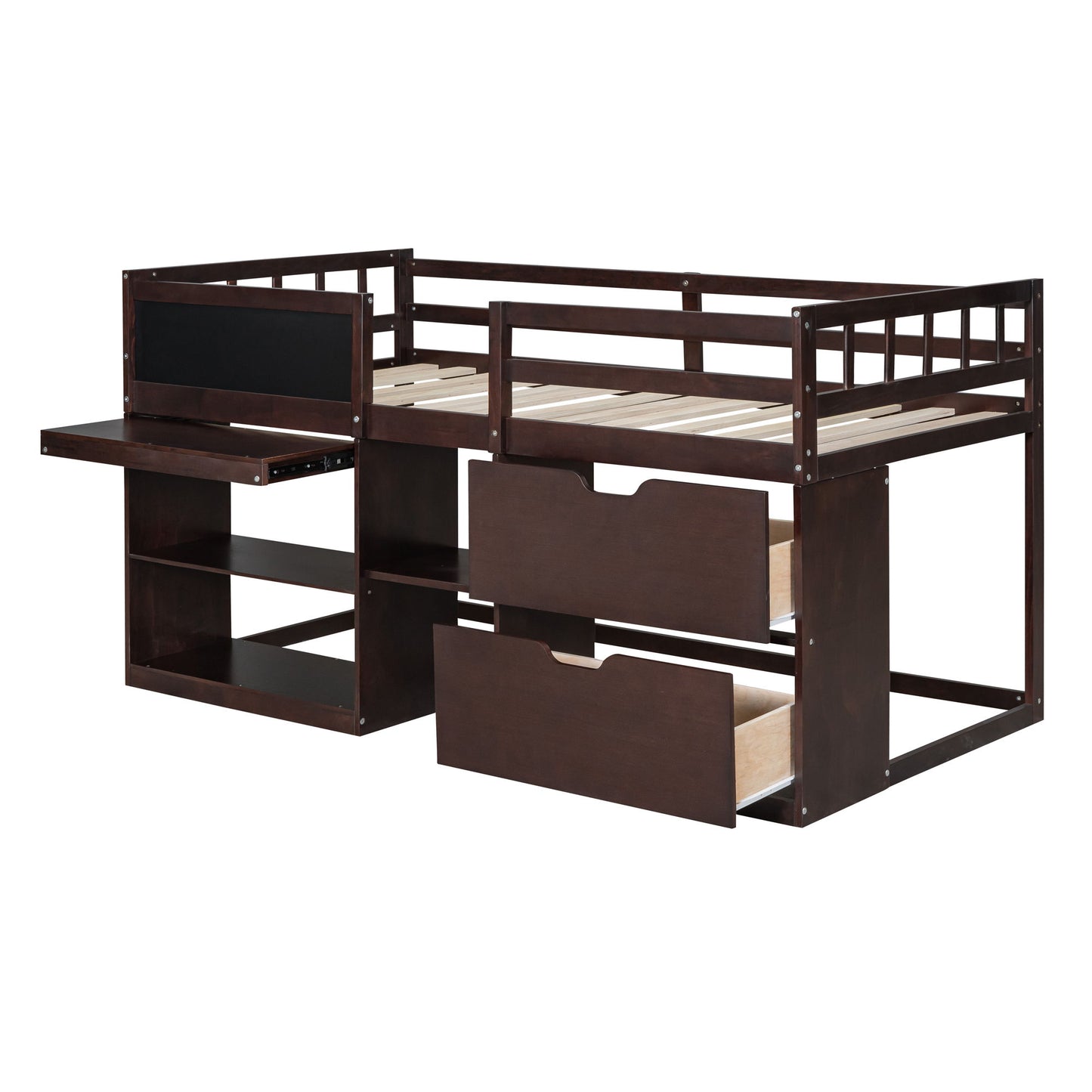 Twin Size Low Loft Bed With Rolling Desk, Shelf And Drawers - Espresso