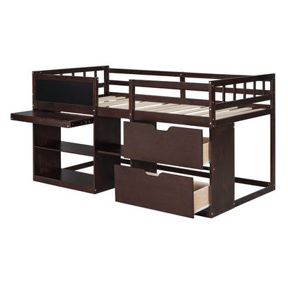 Twin Size Low Loft Bed With Rolling Desk, Shelf And Drawers - Espresso