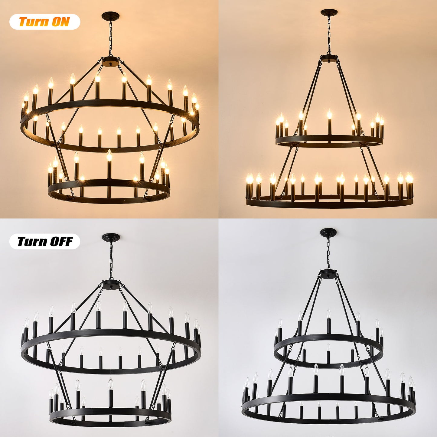2 Tiers Wagon Wheel Chandelier Wooden Farmhouse 36 Light (24 / 12) Or (12 / 24) Metal Chandeliers 2 Story Light Fixtures Industrial For High Ceiling Living Dining Room Foyer, Adjustable Height - Black