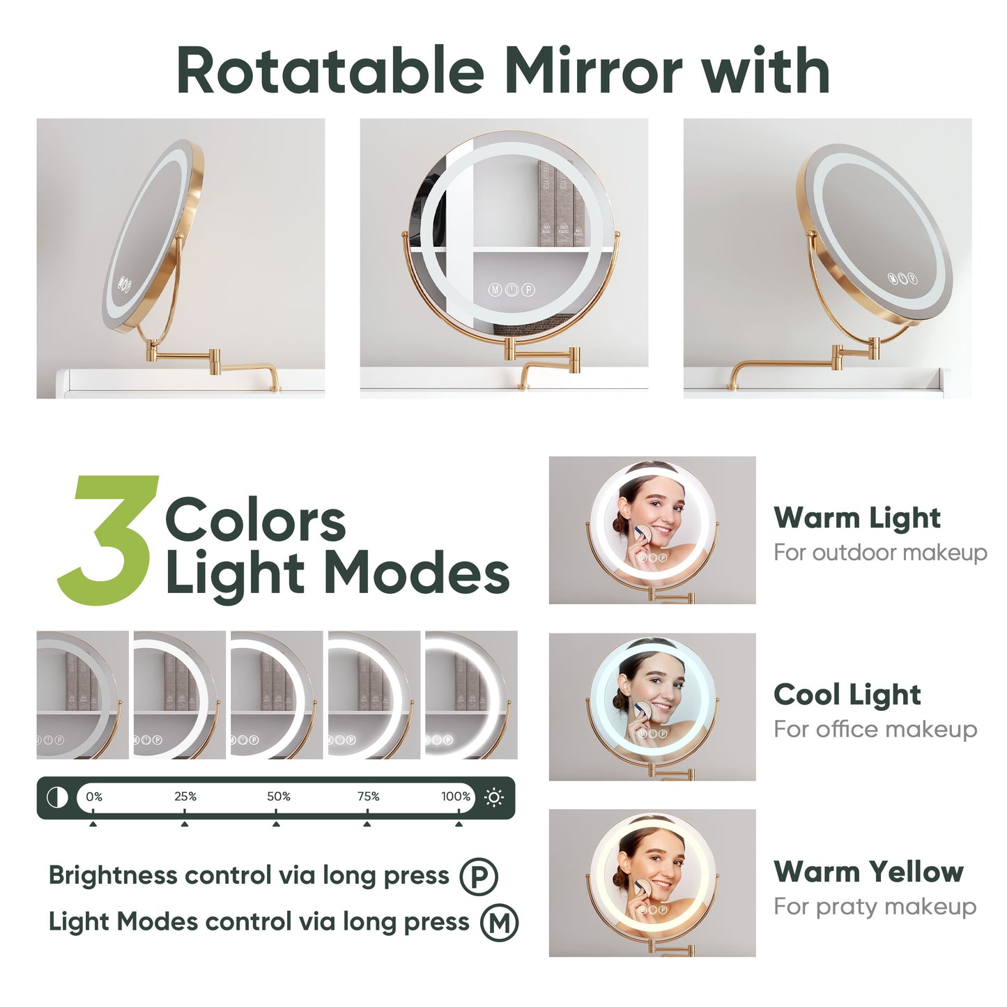 White Vanity Desk With 360ÔøΩÔøΩ Rotated Mirror And Adjustable Lights, Girls Makeup Vanity Table With Storage Chair And Side Cabinet - Antique White