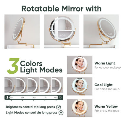 White Vanity Desk With 360ÔøΩÔøΩ Rotated Mirror And Adjustable Lights, Girls Makeup Vanity Table With Storage Chair And Side Cabinet - Antique White