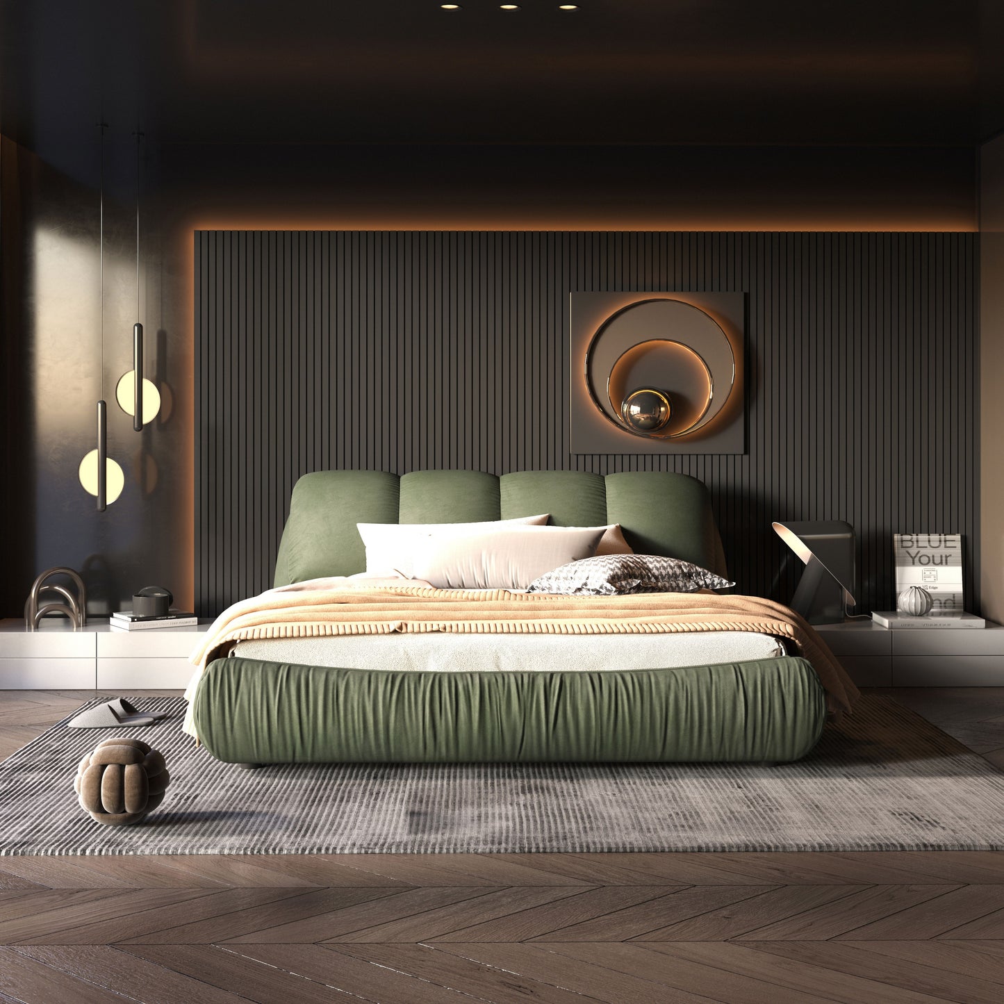 Queen Size Luxury Upholstered Platform Bed With Oversized Padded Backrest And Solid Wood Frame, Suitable For Multiple Heights Of Mattresses - Green