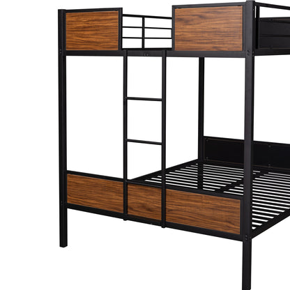 Full Over Full Bunk Bed Modern Style Steel Frame Bunk Bed With Safety Rail, Built-In Ladder For Bedroom - Brown