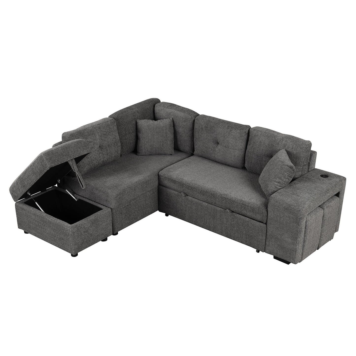 Convertible Sleeper, Sectional Pull Out Sofa Bed With Storage Ottoman, 2 Throw Pillows, 2 Stools, Wireless Charger And Two Hidden USB Ports For Living Room - Dark Gray