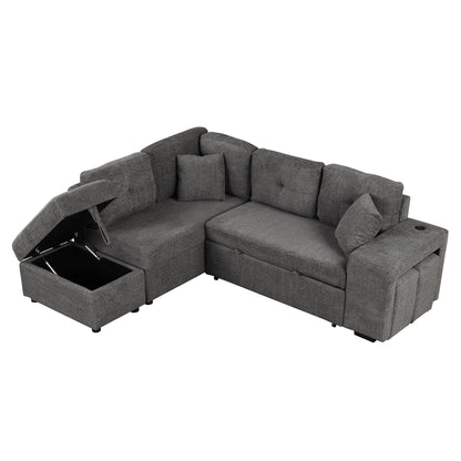Convertible Sleeper, Sectional Pull Out Sofa Bed With Storage Ottoman, 2 Throw Pillows, 2 Stools, Wireless Charger And Two Hidden USB Ports For Living Room - Dark Gray