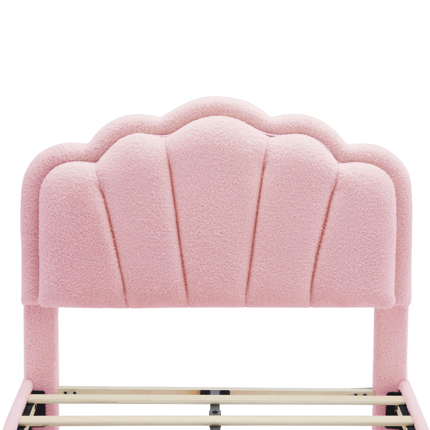 Twin Size Upholstered Flower-Shape Bed, Elegant Flowers Headboard With LED Light Strip, Sherpa Fabric Platform Bed With Slats Support - Pink