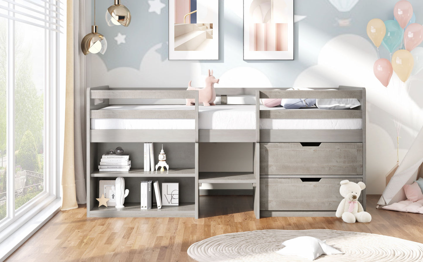 Twin Size Loft Bed With Two Shelves And Two Drawers - Antique Gray