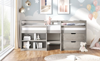 Twin Size Loft Bed With Two Shelves And Two Drawers - Antique Gray