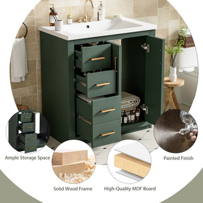 Bathroom Vanity With Ceramic Sink Combo, Frame Bathroom Storage Cabinet, Freestanding Vanity Set With 3 Drawers & Soft Closing Doors - Green
