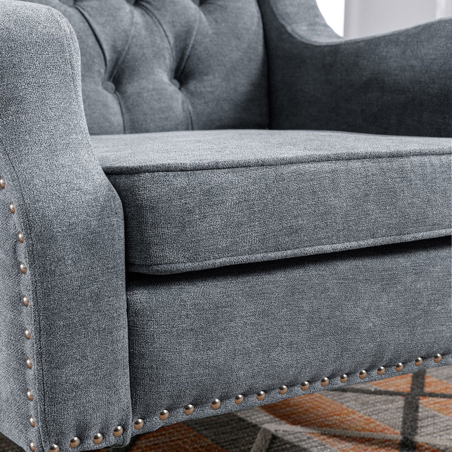 Accent Chair, Living Room Chair, Footrest Chair Set With Vintage Brass Studs, Button Tufted Upholstered Armchair For Living Room, Comfy Reading Chair For Bedroom, Reception Room - Gray