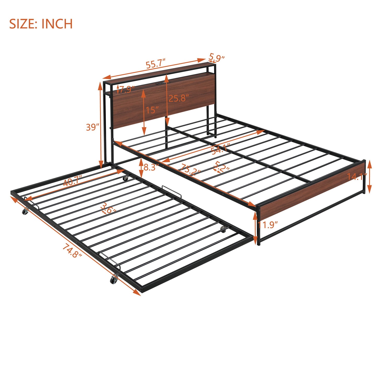 Full Size Platform Bed Frame With Trundle, USB Ports And Slat Support,No Box Spring Needed - Black