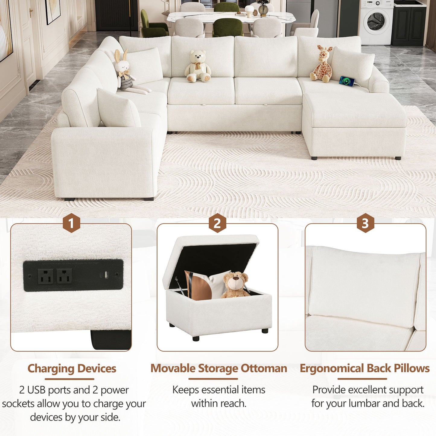 Sectional Sofa Pull-Out Sofa Bed Sleeper With A Storage Ottoman, Three Pillows And Charging Devices For Living Room - Cream