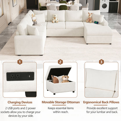 Sectional Sofa Pull-Out Sofa Bed Sleeper With A Storage Ottoman, Three Pillows And Charging Devices For Living Room - Cream