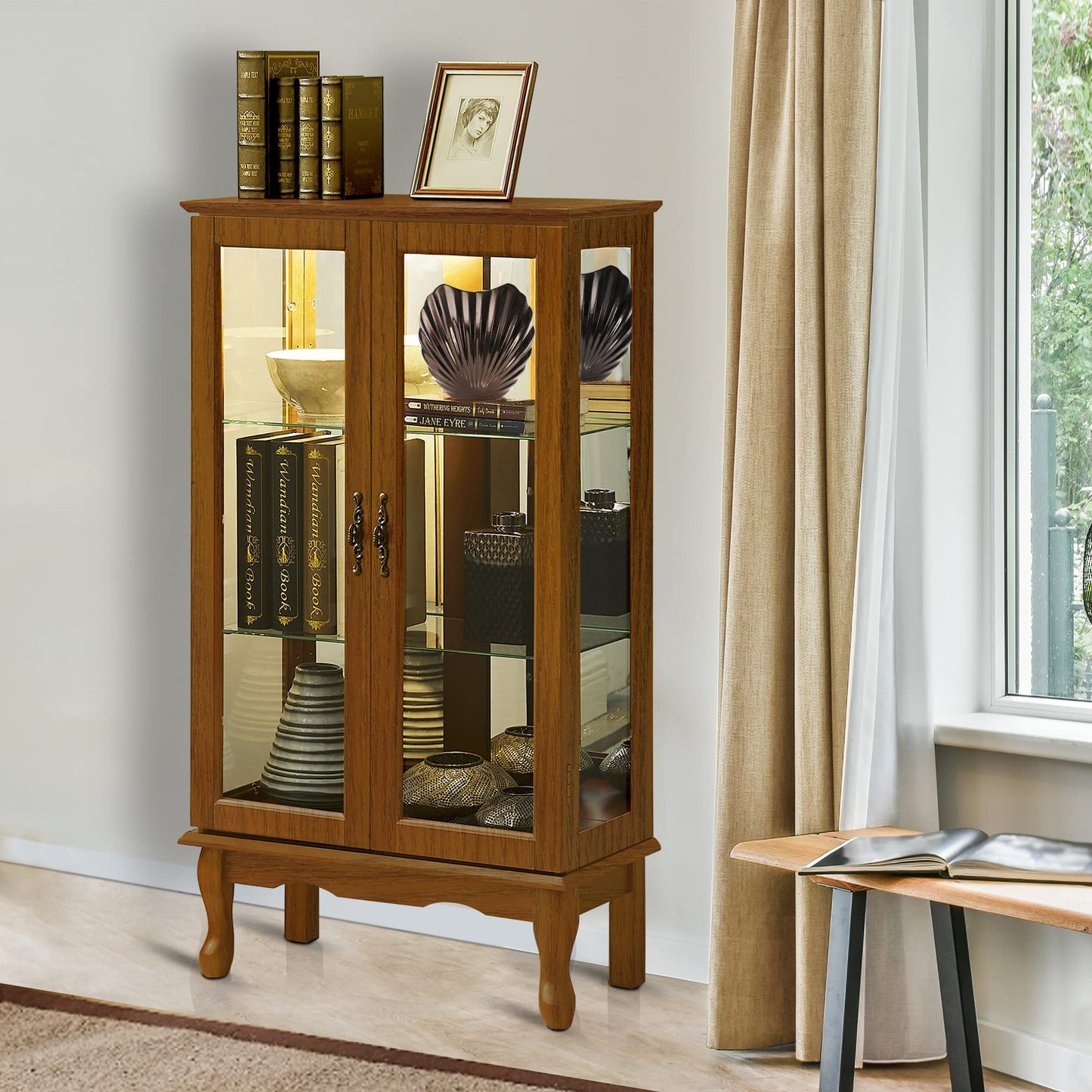 Curio Cabinet Lighted Curio Diapaly Cabinet With Adjustable Shelves And Mirrored Back Panel, Tempered Glass Doors (3 Tier), (E26 Light Bulb Not Included) - Oak