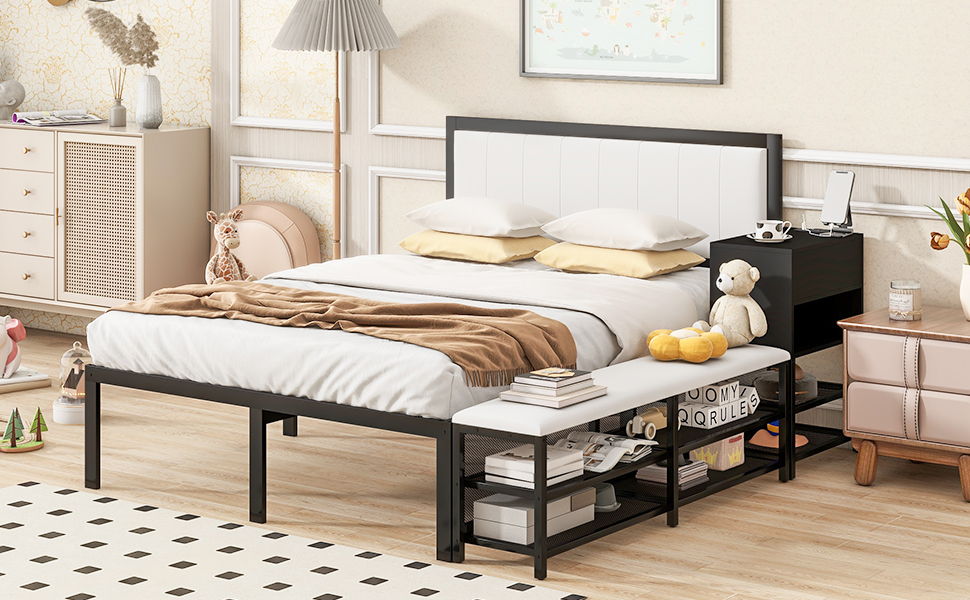 Full Size Platform Bed With 2 Tier Storage Shelves, Storage Cabinet - Black