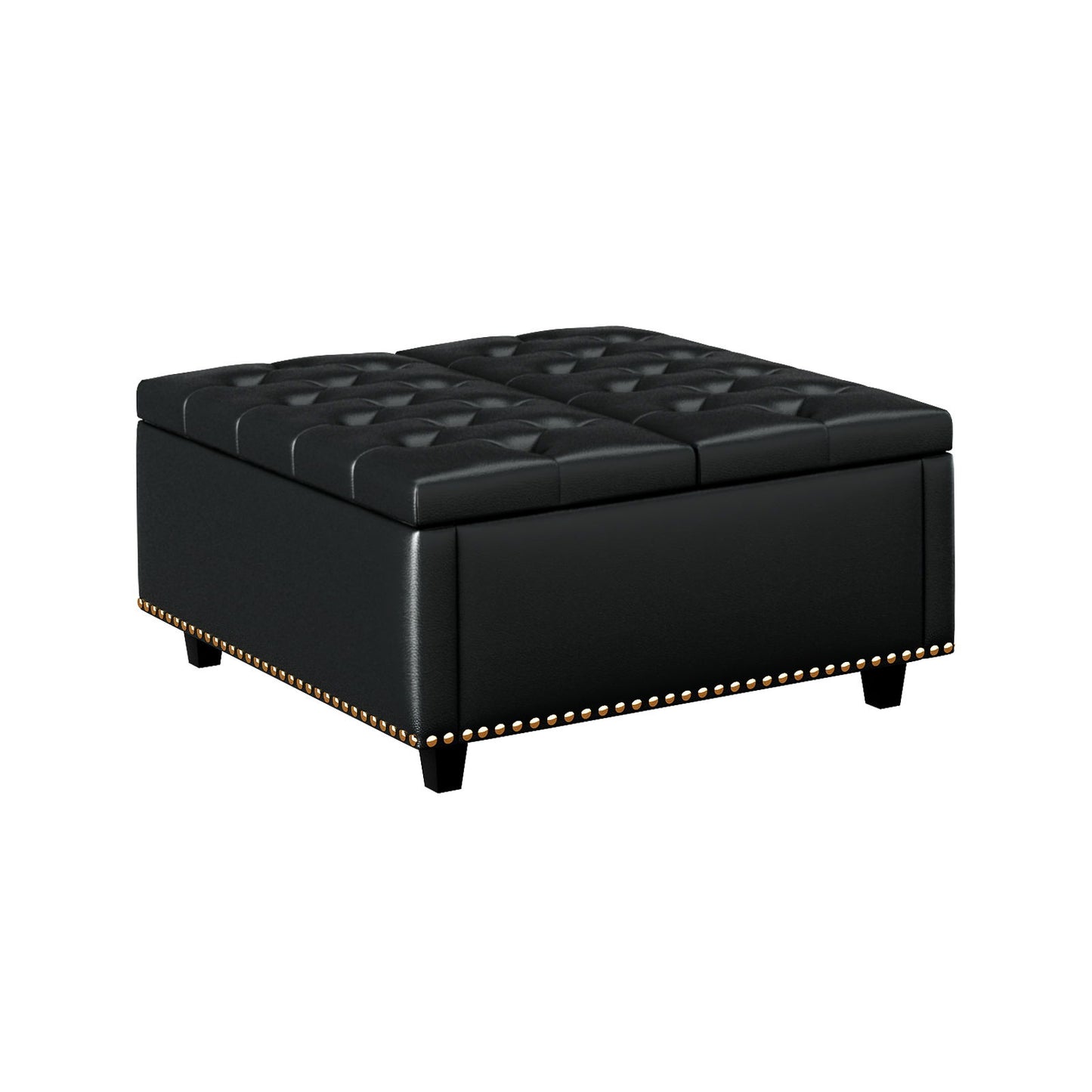 Large Square Storage Stool With 2 Storage Doors, Footstool For Living Room Studded Mid - Century Modern Coffee Table - Black