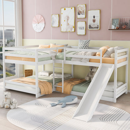 Full And Twin Size L-Shaped Bunk Bed With Slide And Short Ladder - White
