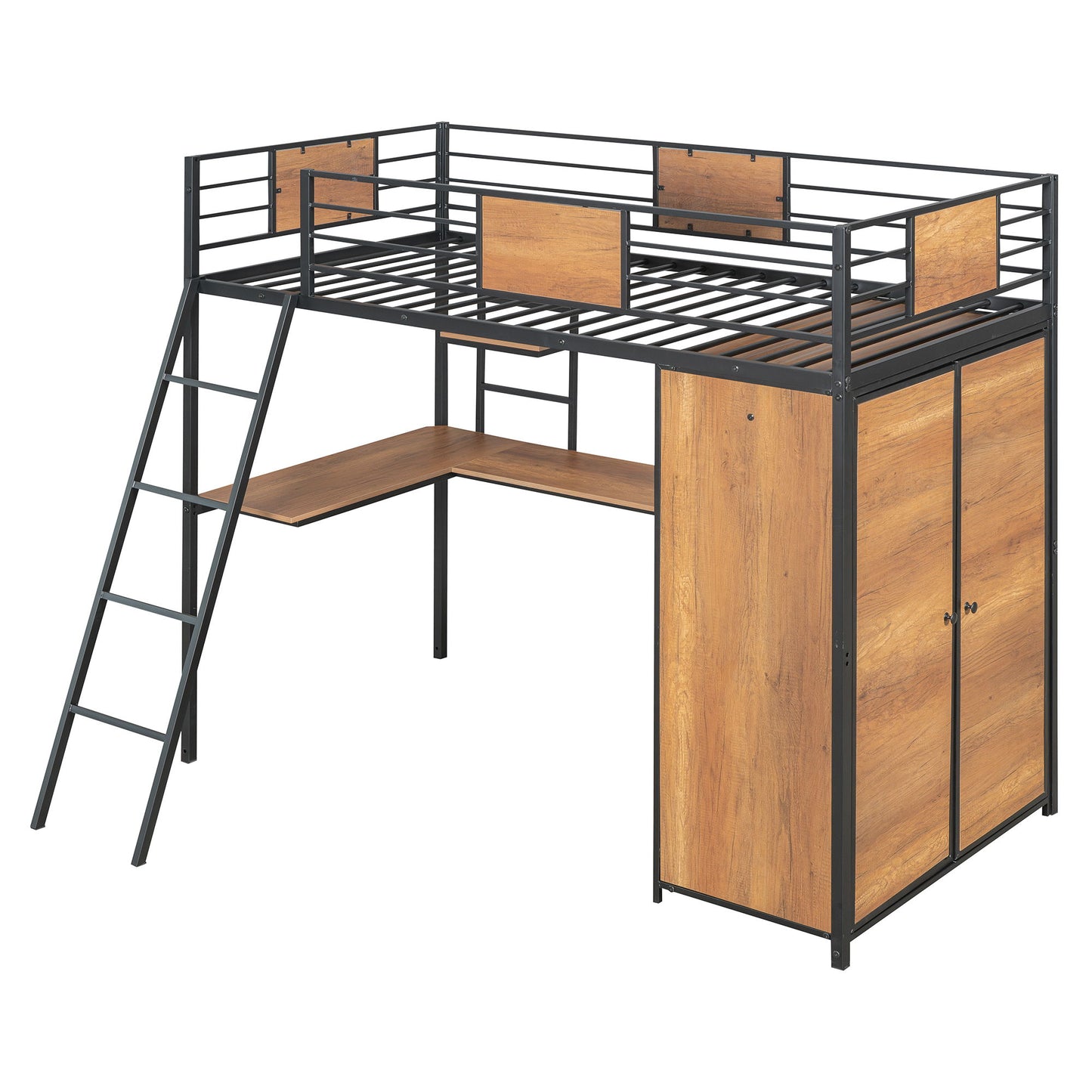 Twin Size Loft Bed With L Shape Desk And Wardrobe - Black