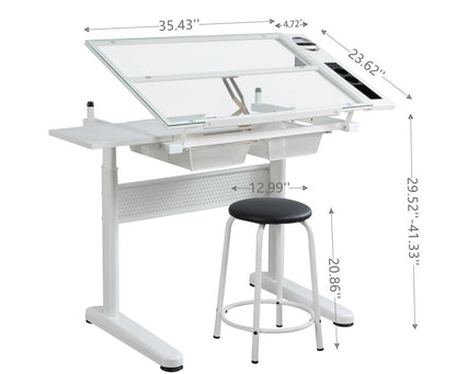 38.18" Hand Crank Adjustable Drafting Table Drawing Desk With 2 Metal Drawers With Stool - White