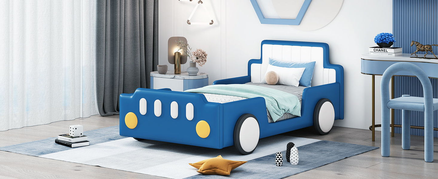 Twin Size Race Car Shaped Platform Bed & Wheels - Blue