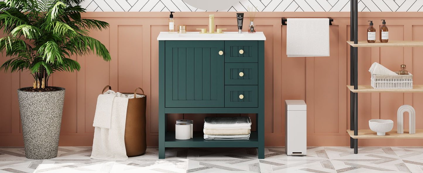 Transitional Style Bathroom Vanity Cabinet Combo With Ceramic Sink - Green