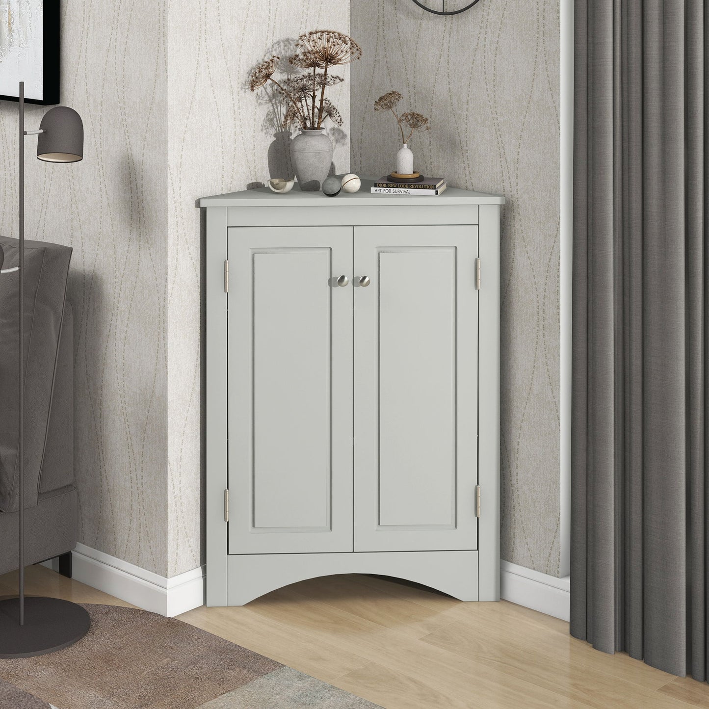 Triangle Bathroom Storage Cabinet With Adjustable Shelves, Freestanding Floor Cabinet For Home Kitchen - Gray