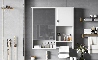 Modern Wall Mounted Bathroom Medicine Cabinet, Bathroom Wall Storage Cabinet With Mirror, Over The Toilet Space Saver Cabinet With Towels Bar - White