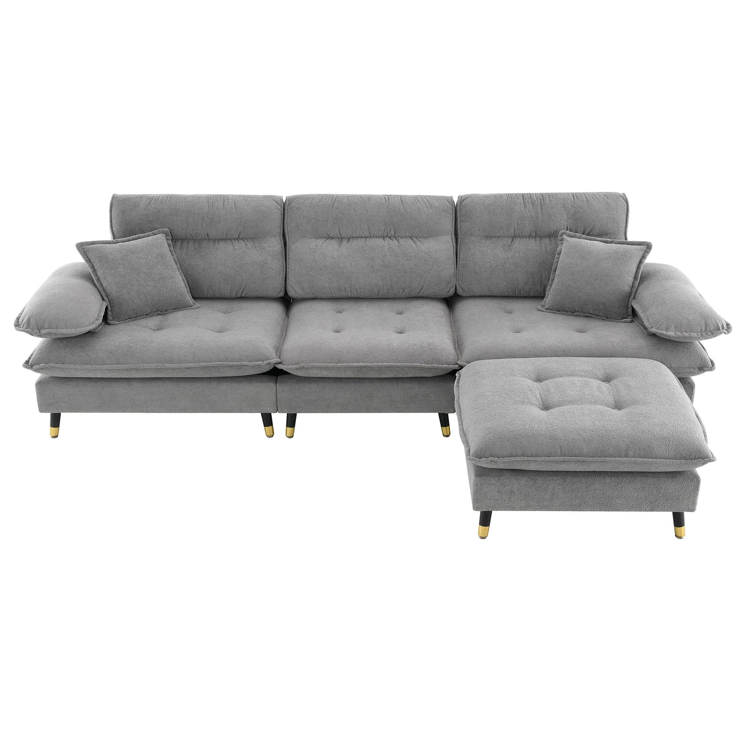 L Shaped Convertible Sectional Sofa 4 Seat Tufted Couch Set With Two Tone Adjust Legs Cloud Movable Ottoman - Gray
