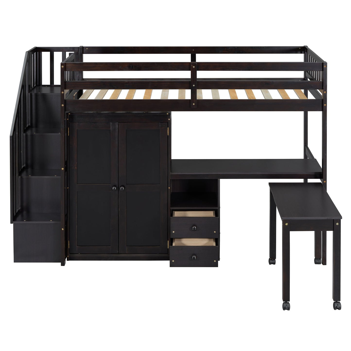 Twin Size Loft Bed With Stairs, Bookshelf, Drawers, Desk & Wardrobe, Space Saving Multifunctional Furniture - Espresso