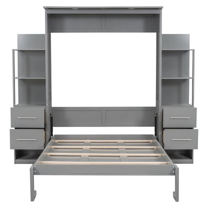 Full Size Murphy Wall Bed With Shelves, Drawers And LED Lights - Gray