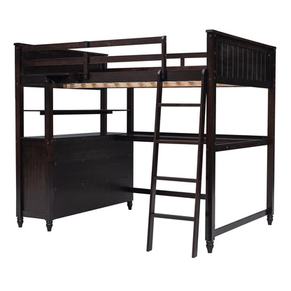 Full Size Loft Bed With Drawers And Desk With Shelves - Espresso